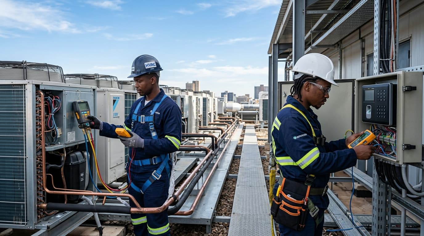 Technicians maintaining commercial HVAC split systems and biometric access control panels
