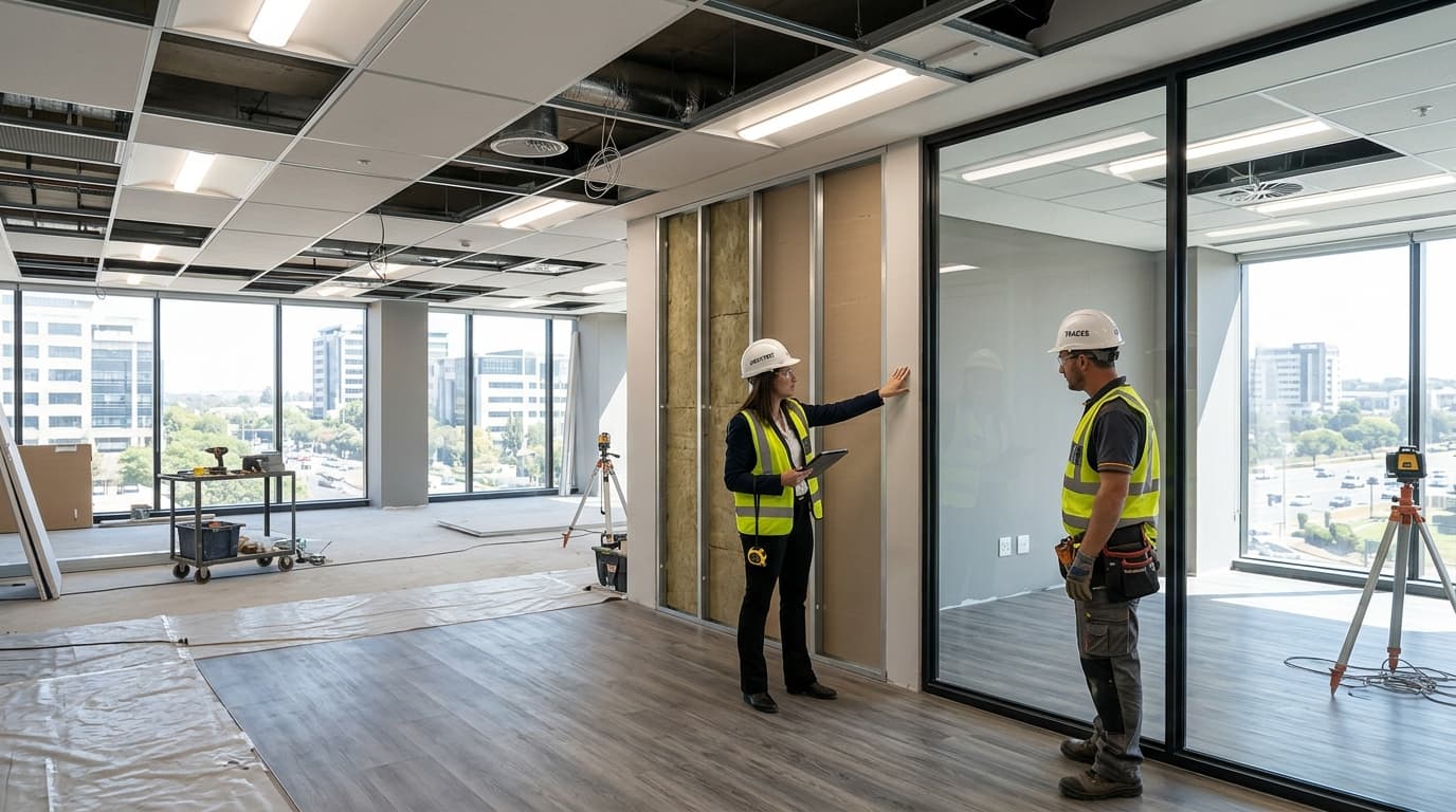 Modern commercial office interior fit-out and drywall partition installation