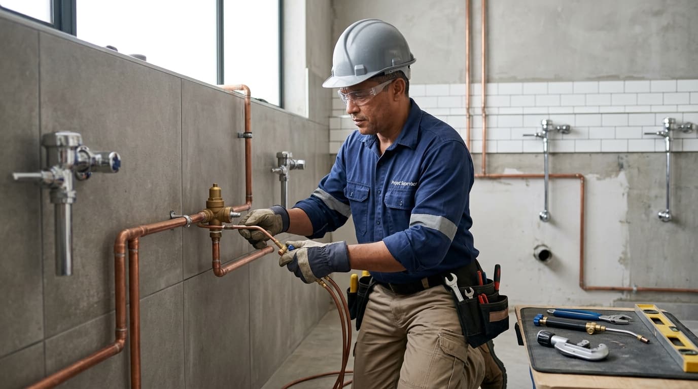 Professional craftsman executing plumbing renovation and commercial tile installation