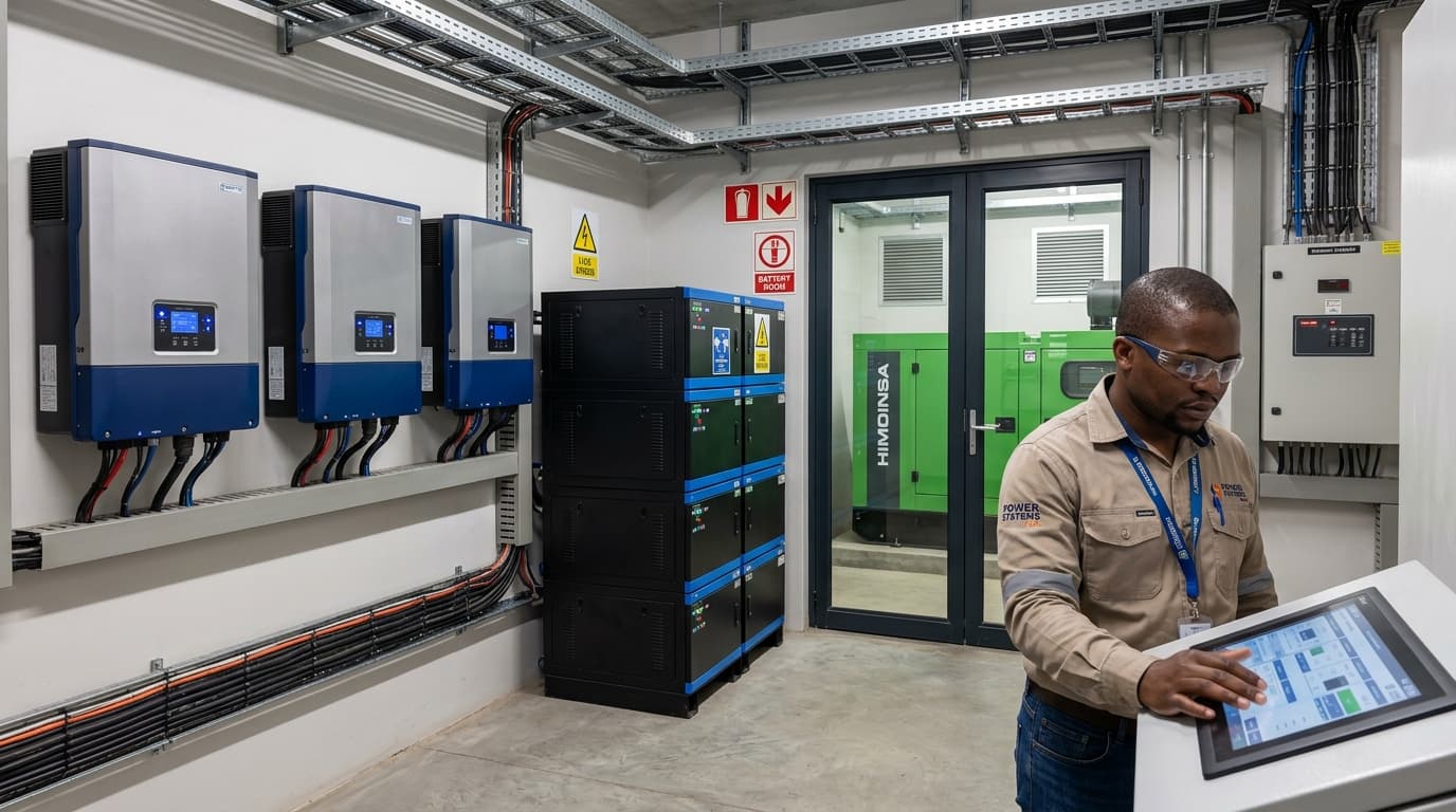 Commercial energy room featuring hybrid inverters, battery storage racks, and standby generator