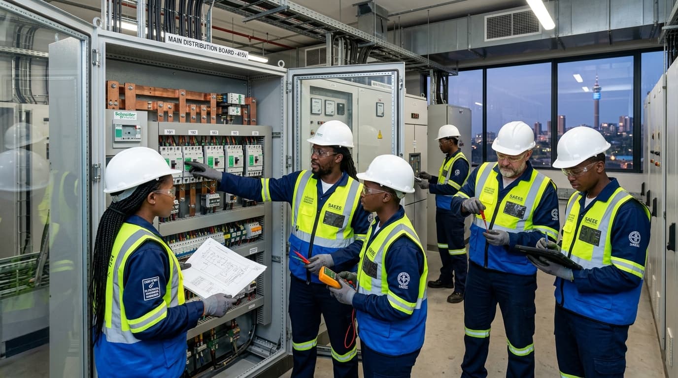 Certified South African electrical engineers inspecting commercial main distribution board