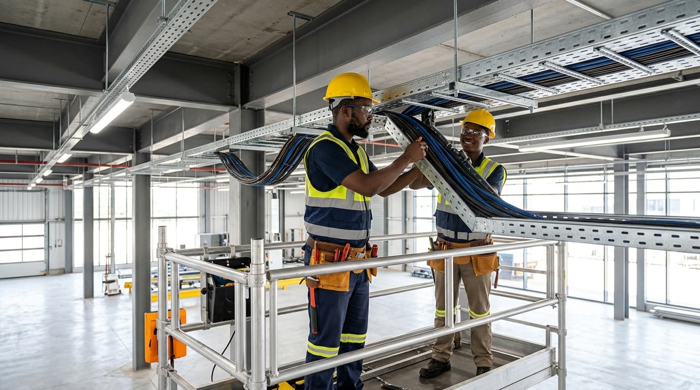 Industrial electrical technicians installing cable trays and commercial three-phase wiring