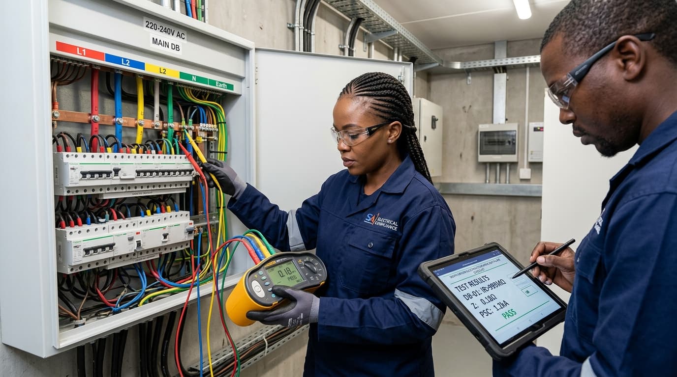 Certified electrical compliance technician conducting insulation resistance testing on distribution board