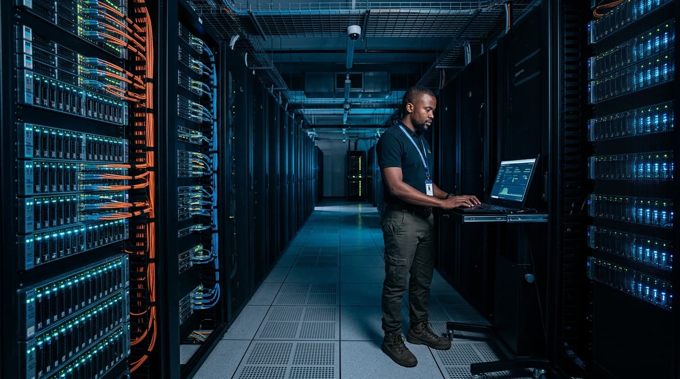 Enterprise cloud engineer working in modern data center corridor with illuminated server racks