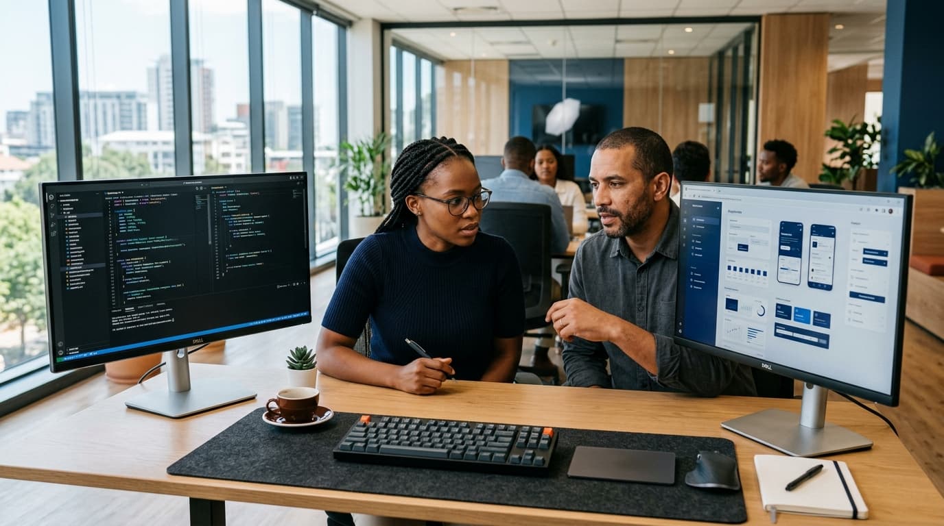 Software engineers building responsive web and mobile applications on dual monitors