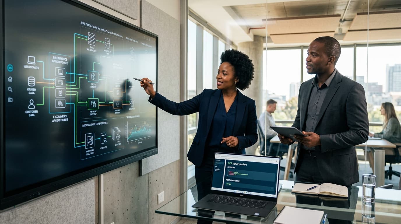 Digital technology architects analyzing real-time marketplace API data sync pipelines