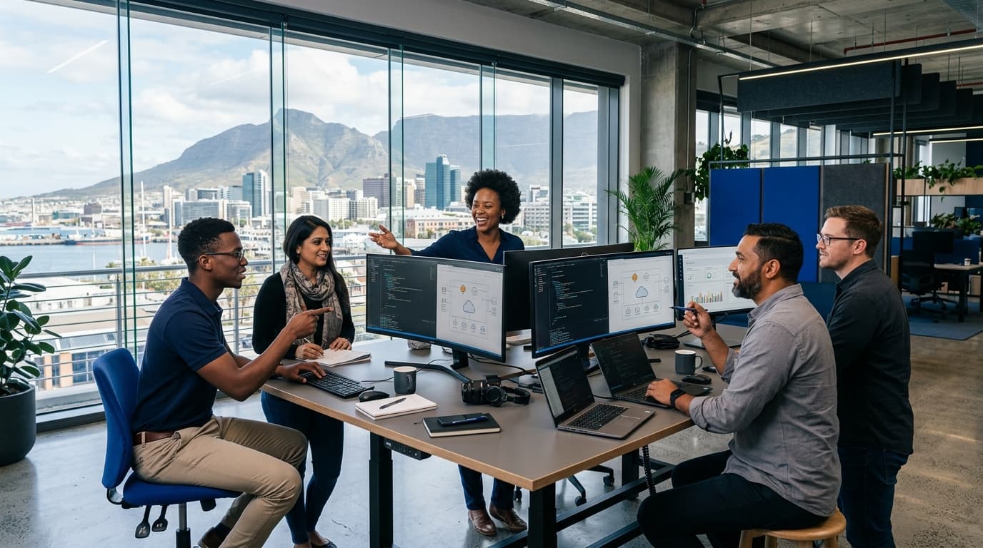 Diverse South African software and technology engineering team collaborating in an innovation office